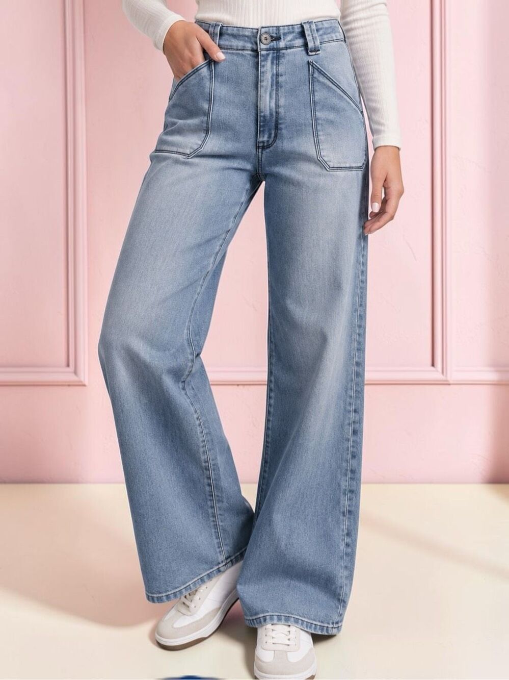 Sneak Peek High Rise Wide Leg Jeans Medium Light Wash Patch Pocket Stretch Denim